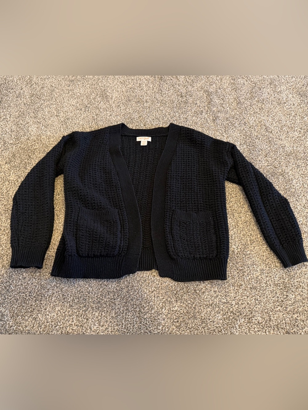 Girls Open-Front Black Knit Pocket Cardigan Sweater